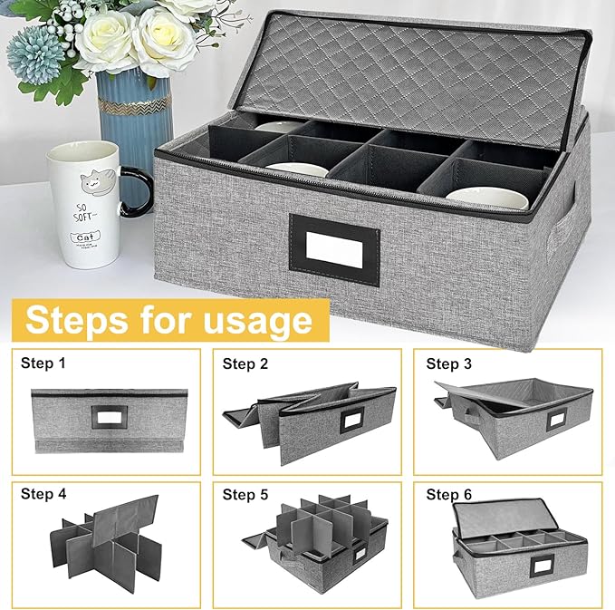 Coffee Mug Storage Box with Dividers, Durable China Storage Containers for Coffee Mugs, Tea Cups Storage Organizer with Lid, Handles, Label Window, Holds 12 Mugs, Hard Shell and Stackable (Grey)