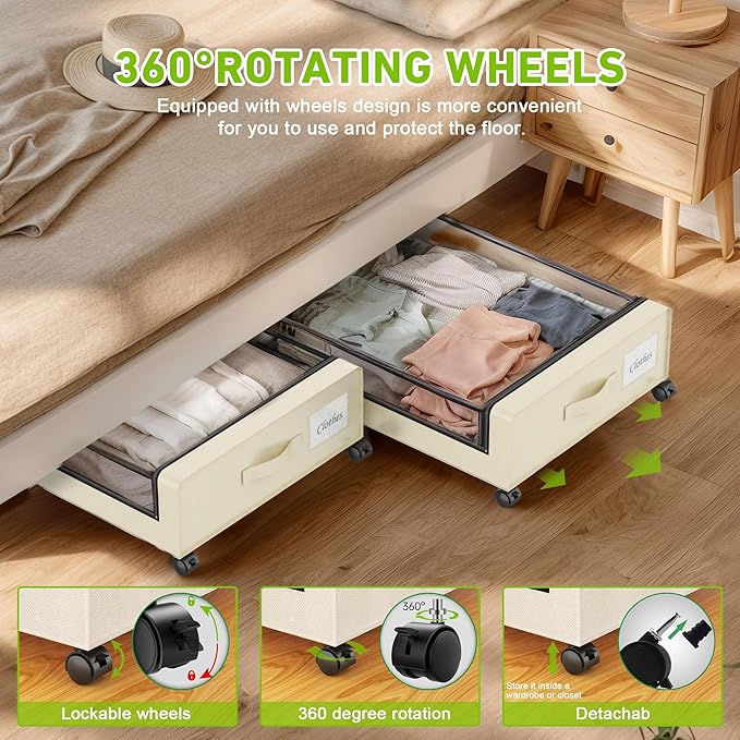 Under Bed Storage with Wheels, Under the Bed Storage Containers with Clear Lids & Label, Underbed Storage Bins, XXL 60L Rolling Metal Drawer for Clothes, Shoes, Toys, Books (Beige)