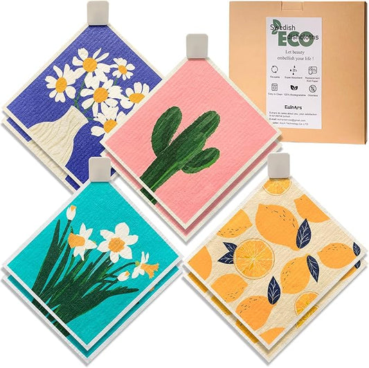 Swedish Dishcloths for Kitchen, 8 Pack Reusable Paper Towels with Clips, Non-Scratch Swedish Dish Towels, Super Absorbent Cellulose Sponge Cloths, Assorted