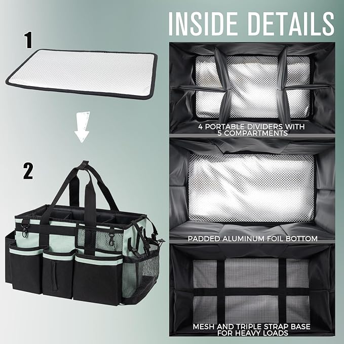 Wearable Cleaning Caddy, Cleaning Caddy Supplies Organizer with Handle & Shoulder Straps for Housekeepers, Under Sink & Car Cleaning Tool Organizers Bag with 4 Foldable Divider (Celadon)