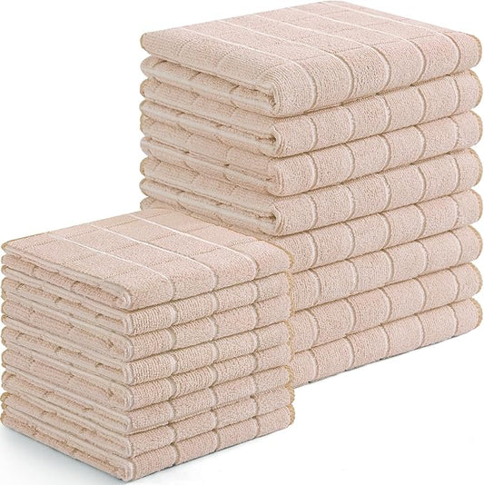 Homaxy Microfiber Kitchen Towels and Dishcloths Set, 16 Pack Soft and Absorbent Dish Hand Towels Bulk, 28 x 16 Inch & 12 x 12 Inch Quick Drying Rags for Washing Dishes, Beige