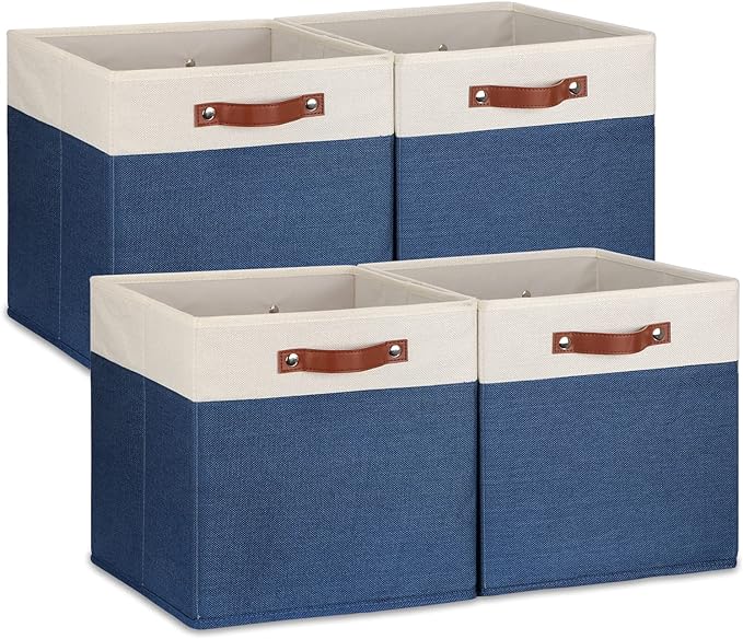 Temary Fabric Storage Bins for Cube Organizer 4 Pack Cube Storage Bins 13 Storage Cubes for Shelves Storage Baskets for Organizing Books, Clothes, Towels (White & Blue, 13x13x13 Inch)