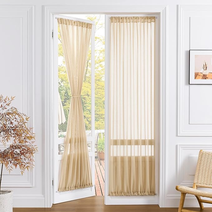 Tollpiz Sheer Door Curtains Closet Linen Textured Curtain Sheers Doorway Light Filtering Voile Patio Glass Door Rod Pocket Curtains French Door, 54 x 80 inches Long, Beige, Set of 1 Panel