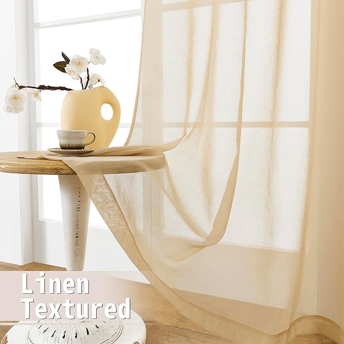 Tollpiz Short Sheer Door Curtains Closet Linen Textured Curtains Sheer Doorway Light Filtering Voile Patio Glass Door Rod Pocket Curtain French Door, 54 x 40 inches Long, Beige, Set of 1 Panel