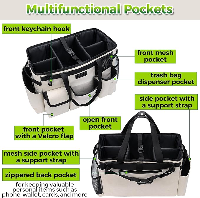 Cleaning Caddy Organizer with Handle - Large Caddy Bag for House & Bathroom Cleaning Supplies, 15 x 8 x 10.5 inches Cleaning Supply Caddy, Housekeeping Tote with Adjustable Strap - Beige