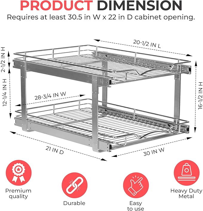 HOLDN’ STORAGE Two Tier Pull Out Cabinet Organizer, Individual Sliding Drawers - Heavy Duty Metal with Lifetime Limited Warranty - Anti Rust Chrome Finish - 30" W x 21”D x 16.5" H
