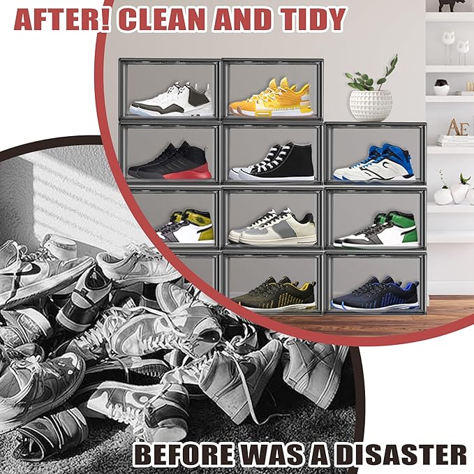 10 Pack Clear Shoe Box Shoe Storage Organizer with Magnetic Door Stackable Shoe Containers for Sneakers, High Heels, Sport Shoes, Size 13