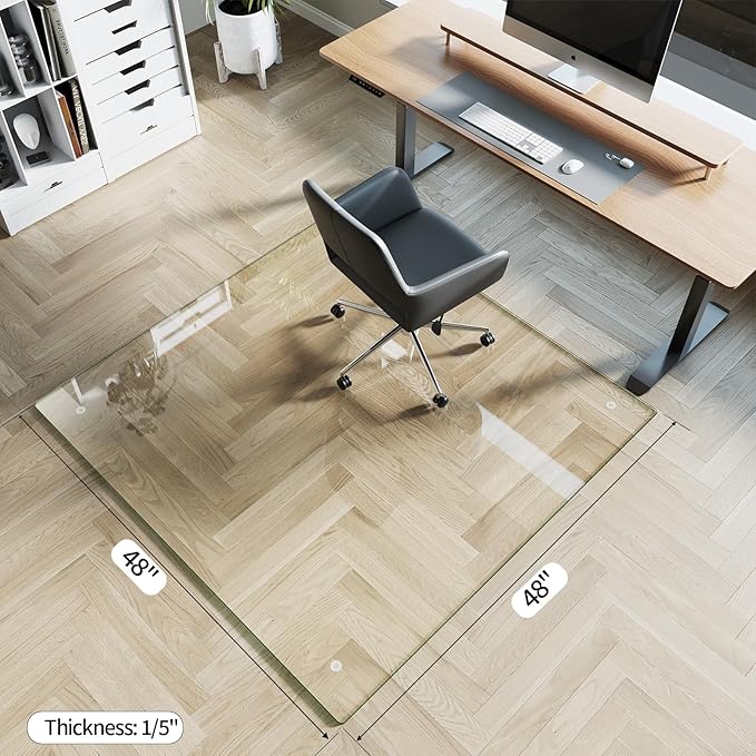 [Tempered Glass] 48" x 48" Glass Chair Mat, 1/5" Thick Office Chair Mat for Carpet or Hardwood Floor, Heavy Duty Hard Chair Mats with Round Corner and Polished Edge, Carpeted Floor Protector
