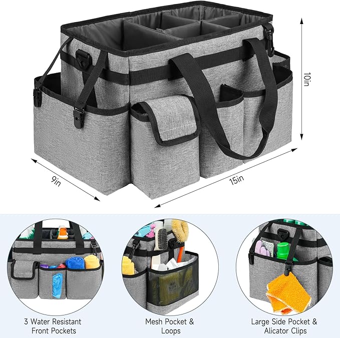 Cleaning Caddy Bag,Large Cleaning Supplies Organizer with Handle for Housekeepers,Gray