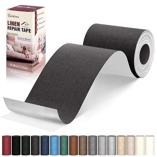 Linen Repair Tape 4x79 inch, Self Adhesive Fabric Patches, Linen Patch Tape Kit, Fabric Repair Tape for Couch Sofas, Headboards, Chairs, Pillows, Curtains, Couches - Black Grey