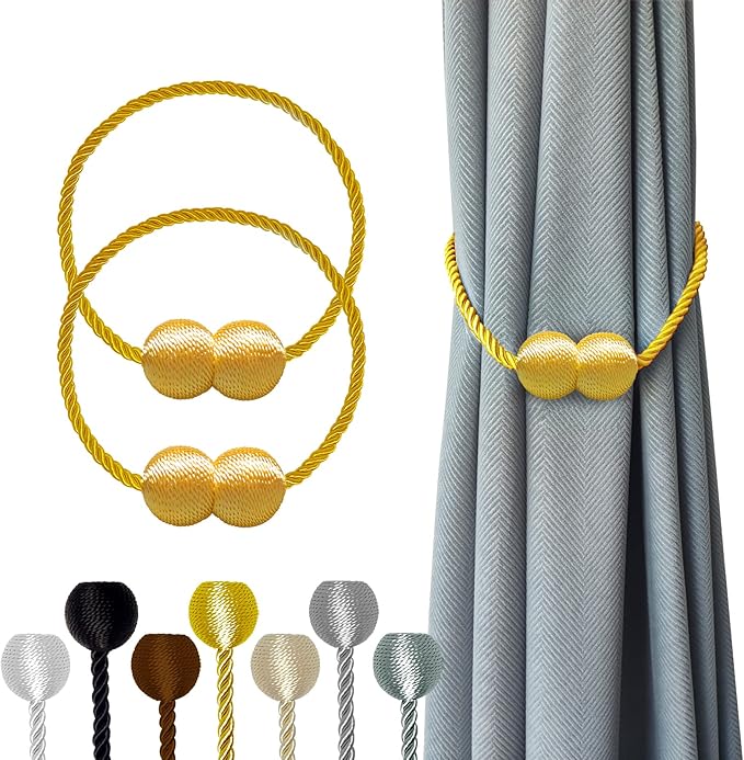 Hion Magnetic Curtain Tiebacks Golden 2pcs, Curtain Tiebacks Buckles Holdbacks Holders Hooks Clip for Home Bedroom Office Decorative Curtain