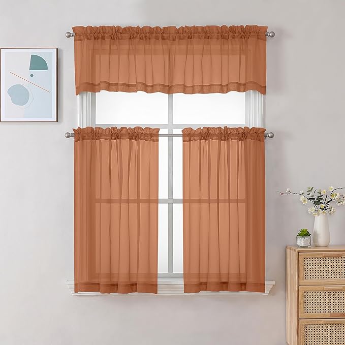 Chyhomenyc Orange Sheer Curtains 30 inch Length 2 Panels, Light Filtering Voile Rod Pocket Short Window Curtians for Bathroom Living Room Farmhouse Small Windows, 42Wx30L inches