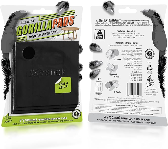 Slipstick GorillaPads Non Slip Furniture Pads/Gripper Feet Floor Protectors (Set of 4) Premium 4 Inch Pre-Scored Square Self Adhesive Rubber Stoppers for Furniture Legs, Black, CB157