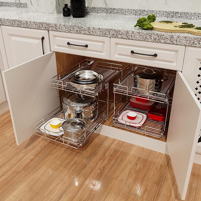 ROOMTEC Individual Pull Out Cabinet Organizer (22½"W x 21½"D), 2 Tier Spice Rack Organizer for Cabinet, Slide Out Drawer Pantry Shelf Organization and Storage for Kitchen Bathroom