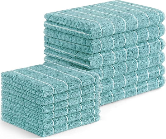 Homaxy Microfiber Kitchen Towels and Dishcloths Set, 12 Pack Soft and Absorbent Dish Hand Towels Bulk, 28 x 16 Inch & 12 x 12 Inch Quick Drying Rags for Washing Dishes, Lake Blue
