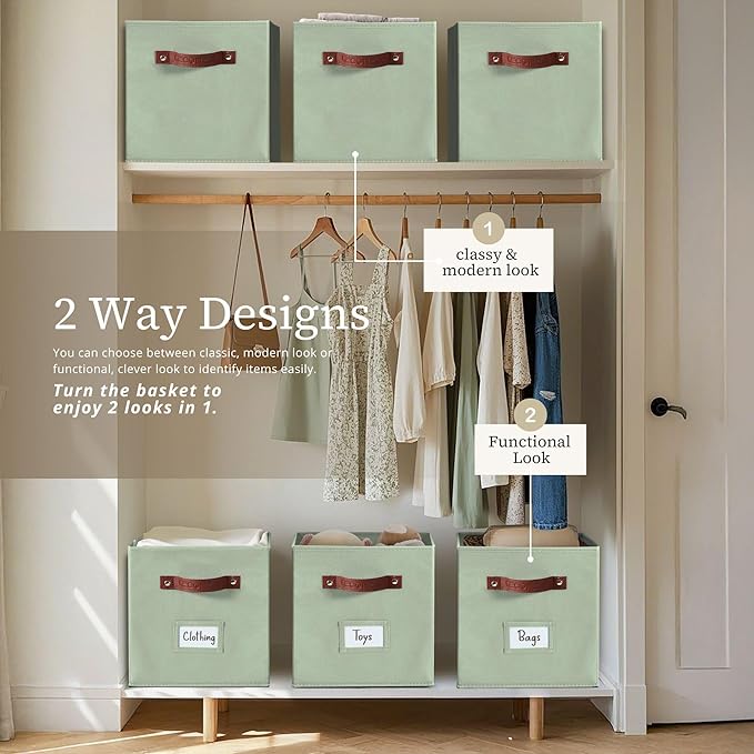 DECOMOMO Storage Cubes, 13x13x13 Storage Cube Bins with Labels, Fabric Organizer Bins (13" / 6pcs, Sage Green)