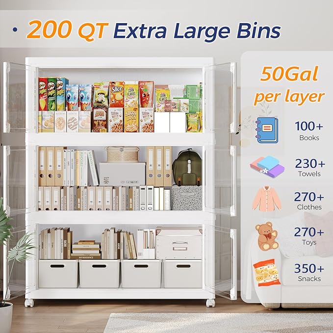 200GAL Large Stackable Storage Bins with Lid and Wheels, 800Qt Collapsible Organizer Cabinet with Clear Door, for Closet, Bedroom, Kitchen, Garage, 4-Pack White