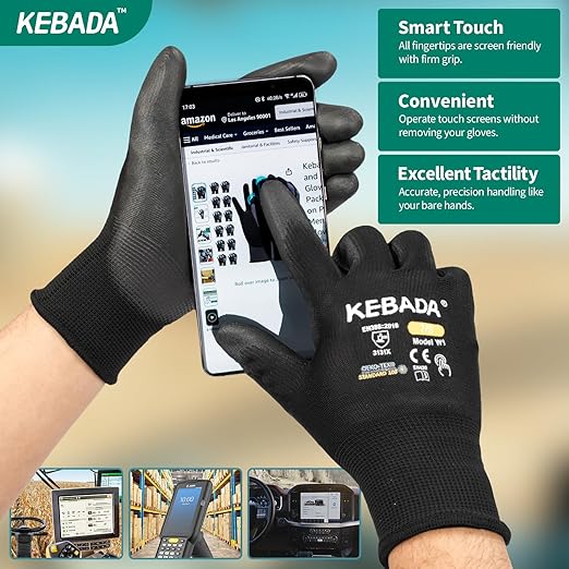 Kebada W1 Work Gloves for Men and Women, PU Coated Safety Gloves with Grip, Touchscreen, Ideal for Warehouse Package Handling, Construction, Gardening, Black X-Large