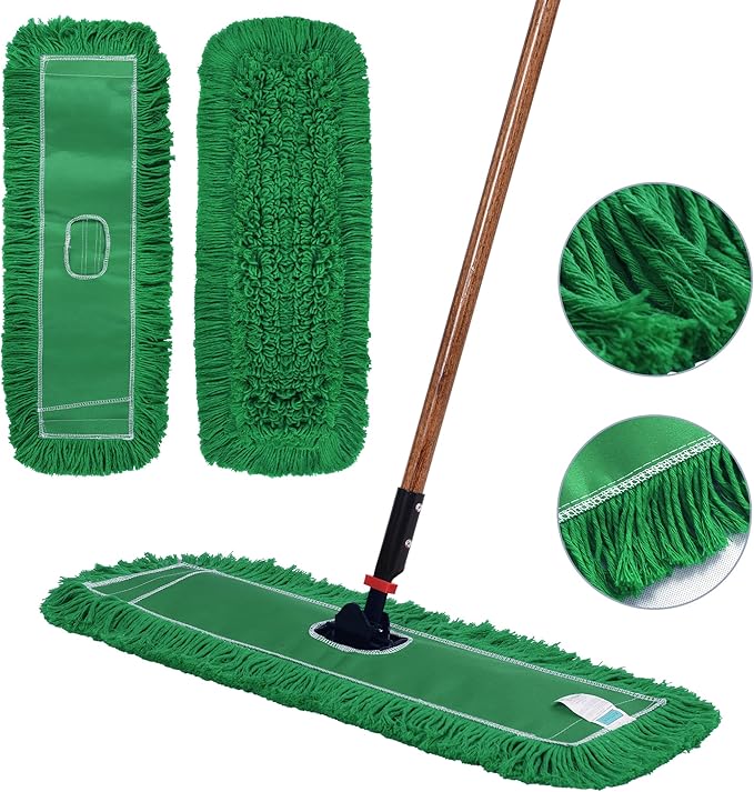 Matthew Cleaning 24'' Industrial Strength Cotton Dust Mop Refill Washable Replacement Heads for Residential & Commercial Use Fit Standard Dust Mop Frames, Hardwood,Concrete Floors Green 1 Pack