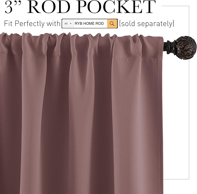RYB HOME 45 inch Curtains for Living Room, Rod Pocket Thermal Insulated Small Window Drapes Room Darkening Shades for Bedroom Studio Closet, W 42 x L 45 inch, Set of 2 Panels, Wild Rose