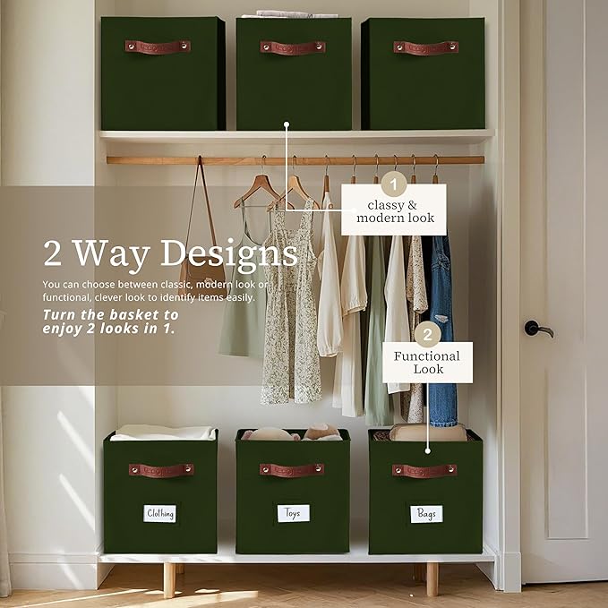DECOMOMO Storage Baskets, 13x15x13 Storage Cube Bins with Labels for Organizing Shelves Kallax (Kallax / 4pcs, Olive Green)