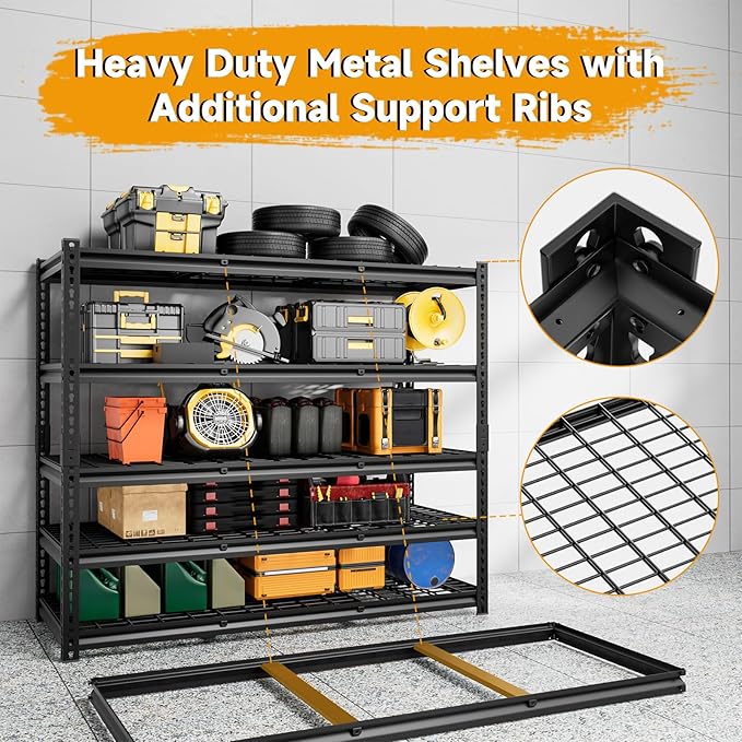 5-Tier 60" W X 24" D X 78" H Garage Shelving Metal Storage Shelves 3300LBS Heavy Duty Industrial Shelving Adjustable Garage Shelf Unit Utility Storage Racks(Black)