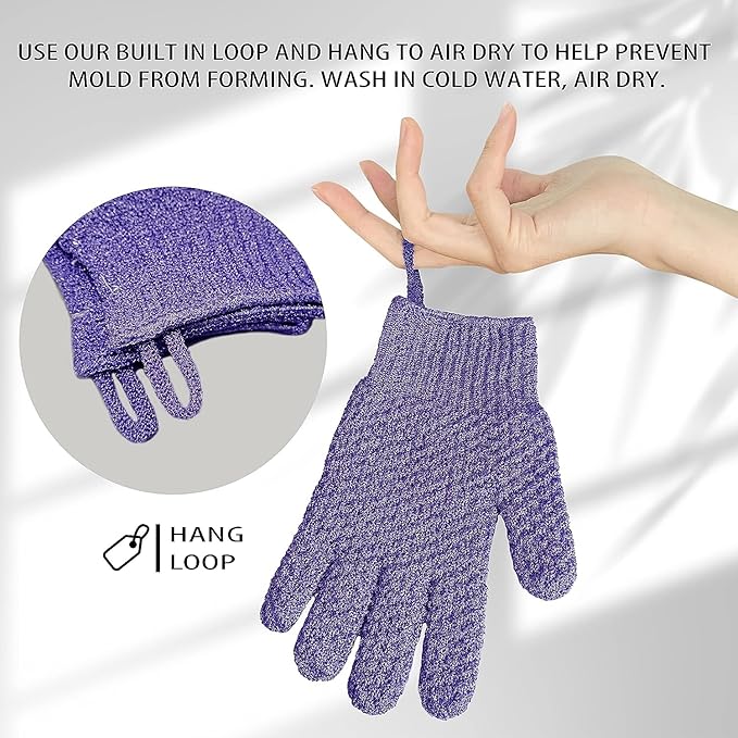 Evridwear Exfoliating Gloves for Shower, 100% Nylon Thick Soft Medium Heavy Bathing Gloves Dead Skin Remover Body Scrubber Smooth Skin with Hang Loop, Purple
