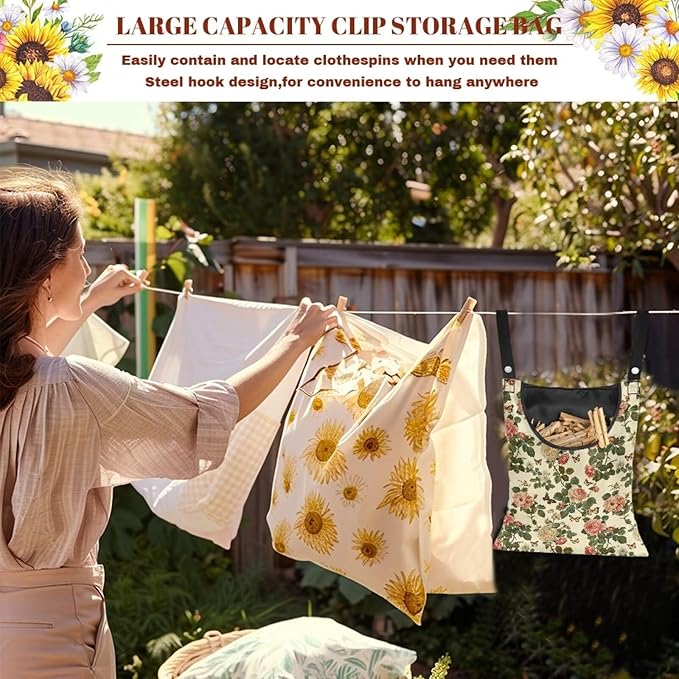 2 Pcs Floral Clothes Pin Hanging Bag with Hanging Rope 14.5 X 12 Inch Clothespin Bag for Clothes Pins and Clothespins - Heavy Duty Outdoor Use