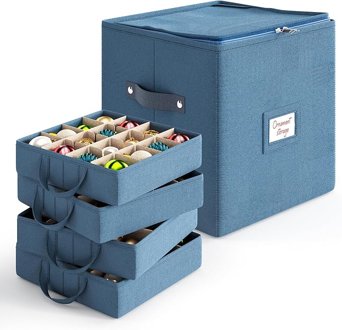 Hearth & Harbor Christmas Ornament Storage Box With 4 Inner Tray Dividers - Non-Woven Ornament Storage Container For 64 Holiday Ornaments or Decorations