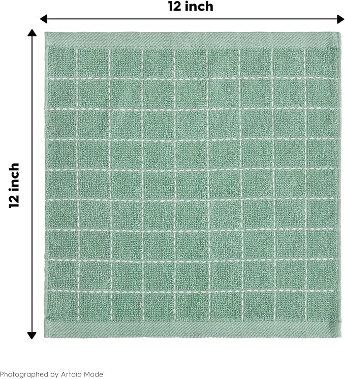 Artoid Mode Checkered Designed Cotton Light Green Terry Kitchen Dish Cloths, 12x12 Inch Soft Absorbent Quick Drying Cleaning Kitchen Rags Set of 6