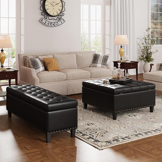Storage Ottoman Bench, 51-Inch Large Storage Bench for Bedroom End of Bed, 30 Gallons Faux Leather Bench with Storage for Bedroom, Living Room, Entryway, Hallway, Black