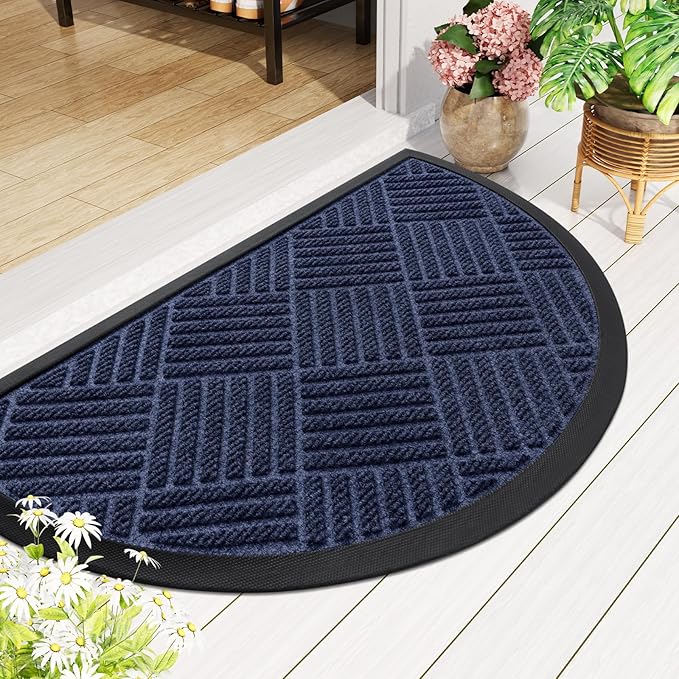Smiry Half Circle Front Door Mat Outside Entrance, Heavy Duty Outdoor Indoor Natural Rubber Doormat, Non Slip Trap Dirt and Moisture Easy Clean Low Profile Patio Porch Entryway Mat, 29.5x17, Navy Blue