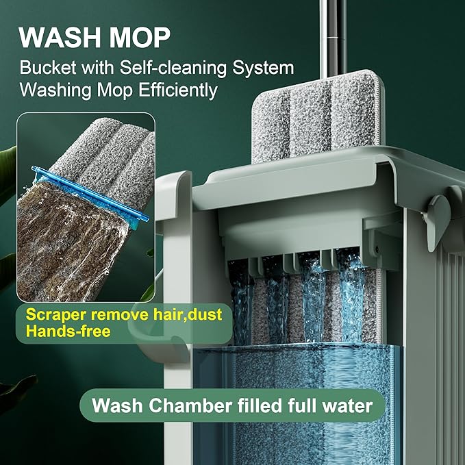 JOYMOOP Mop and Bucket Set - Mops for Floor Cleaning & Wall Cleaner with Long Handle, Include 5 Microfiber Mop Pads - Green Bucket (X-Large)