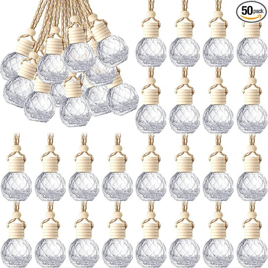 BBTO 50 Pcs Hanging Car Air Freshener Car Diffuser Bottles Empty Glass Perfume Bottle Freshener Diffuser Bottle Pendant for Essential Oil Fragrance Aromatherapy Bottle Ornament(Round Diamond)
