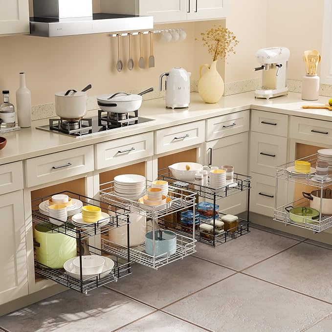 ROOMTEC Pull Out Cabinet Organizer, Kitchen Cabinet Organizer and Storage 2-Tier Cabinet Pull Out Shelves for Kitchen,Under Sink Organizers and Storage 14" W x 21" D Chrome