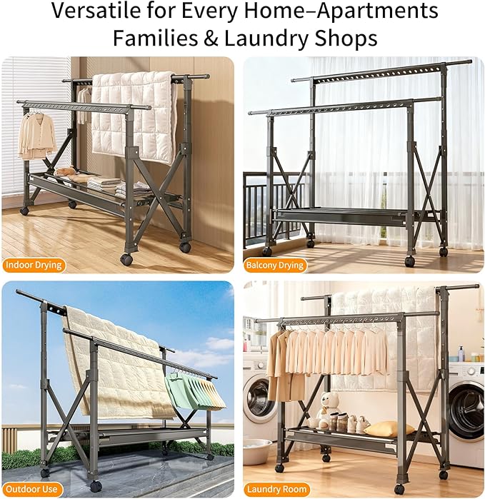 Heavy Duty Rolling Clothing Rack with Wheels, Portable Double Rod Metal Garment Rack, Clothes Drying Hanging Organizer for Laundry, Storage, Freestanding Adjustable Coat Hanger (Extendable, Grey)