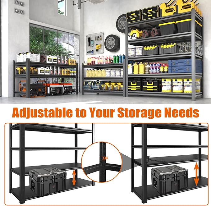84“H Garage Shelving Heavy Duty Storage Shelves 3000 LBS Adjustable 5 Tier Metal Shelving Uints and Storage for Garage, Warehouse, Commercial, 48" W x 24" D x 84" H, 3 Packs