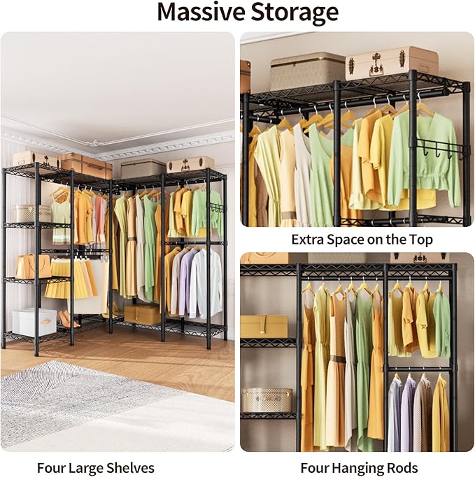 L Shaped Heavy Duty Metal Clothes Rack for Hanging Clothes,Freestanding Garment Rack Closet Wardrobe Rack Clothing Rack with 4 Hanging Rods & 1 Side Hook,50"Lx 50"Wx 76.4"H,Max Load 1100LBS