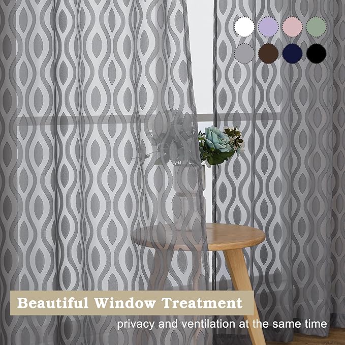 Aiyufeng Sheer Grey Curtains 54 Inch Length 2 Panels, Soft Lightweight Clip Jacquard Textured, Modern Wavy Line Voile for Bedroom Living Room, 40" W x 54" L