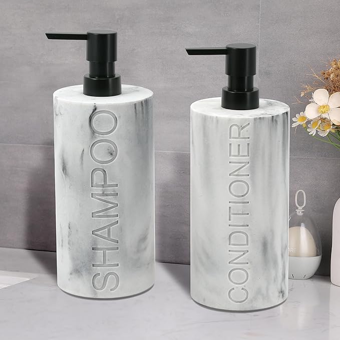 Marble Resin 2 Piece Shampoo and Conditioner Dispenser Set, Luxurious Refillable Pump Bottles with Matte Pump Top and Embossed Text, Durable Design for Bathroom and Shower