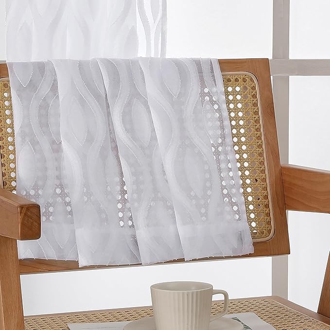 Aiyufeng White Sheer Curtains Tiers 36 Inch Length 2 Panels Set, Airy Lightweight Clip Jacquard Small Window Curtains, Modern Wavy Line Textured Voile Sheer Curtains for Small Windows, 40"Wx36"L Inch