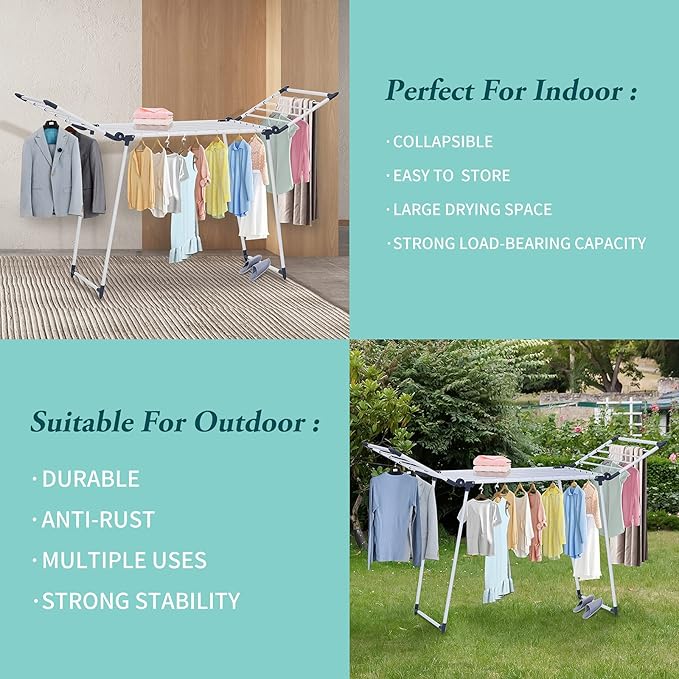 Clothes Drying Rack, Gullwing Laundry Rack, Collapsible, Space-Saving Laundry Rack, with Sock Clips, for Clothes, Towels, Linens, Indoor/Outdoor