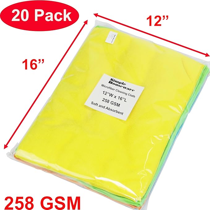 Simple Houseware Microfiber Cleaning Cloth 20 Pack, 12" x 16", 4 Colors