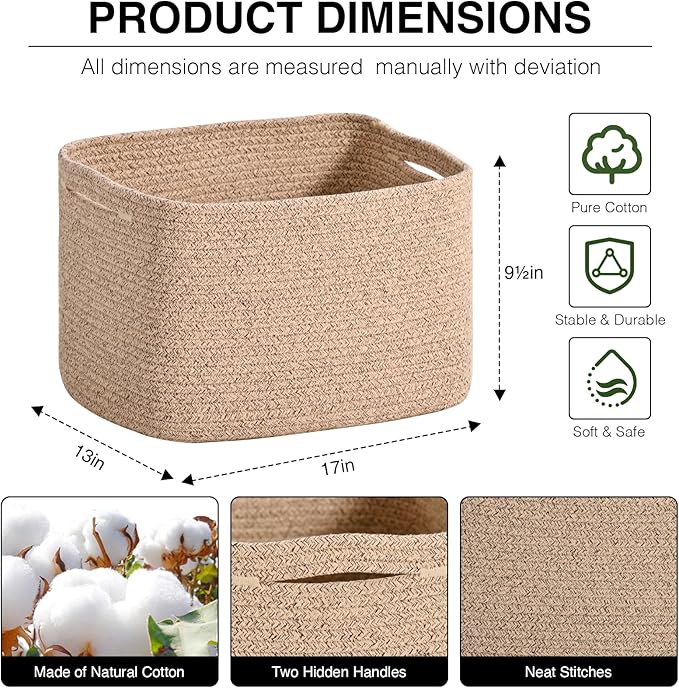 Woven Cotton Rope Storage Basket for Organizing, Cute Decorative Baskets for Gifts Empty, Organizer Bins for Dog Toy, Baby Laundry, 17“×13”×9.5“, Brown