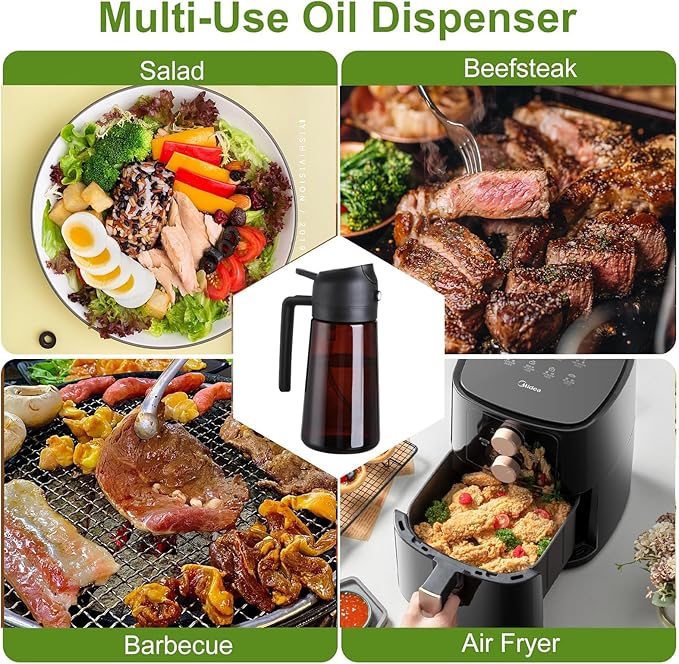 2-in-1 Glass Oil Dispenser & Sprayer - 16oz/470ml Leakproof Olive Oil Sprayer Bottle for Cooking, Air Fryer, BBQ, Baking, Salad (Green)