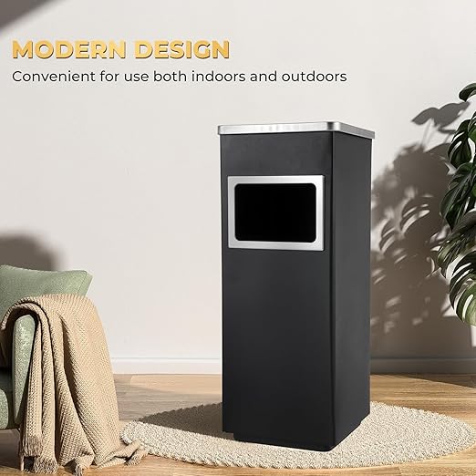 Trash Can Outdoor Waste Container Square Stainless Steel Trash Can with Removable Inner Bucket for Disposal Commercial Waste Container 9.45‘’ x 9.45‘’ x 24.02‘’-Black