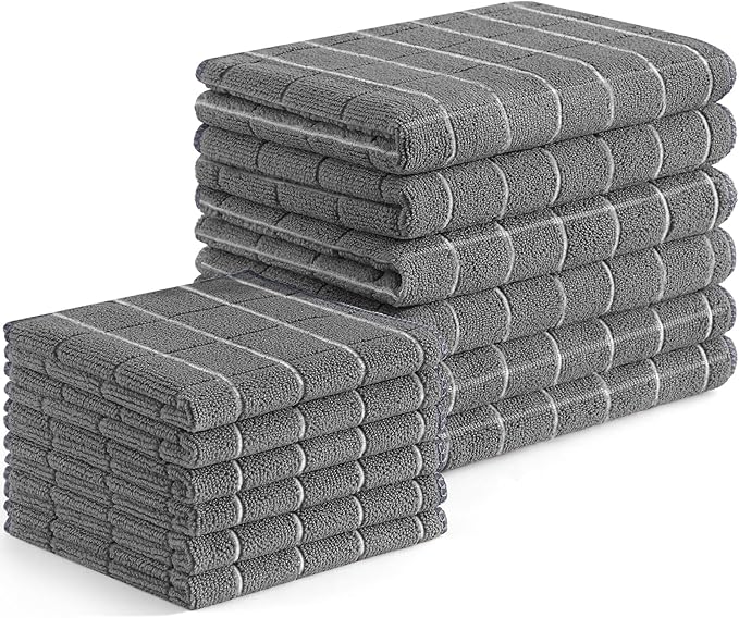 Homaxy Microfiber Kitchen Towels and Dishcloths Set, 12 Pack Soft and Absorbent Dish Hand Towels Bulk, 28 x 16 Inch & 12 x 12 Inch Quick Drying Rags for Washing Dishes, Grey
