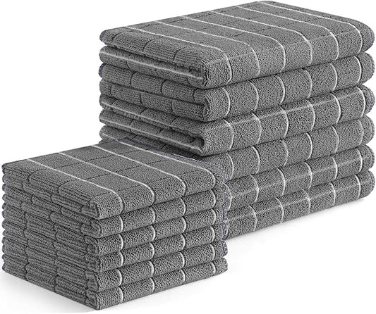 Homaxy Microfiber Kitchen Towels and Dishcloths Set, 12 Pack Soft and Absorbent Dish Hand Towels Bulk, 28 x 16 Inch & 12 x 12 Inch Quick Drying Rags for Washing Dishes, Grey