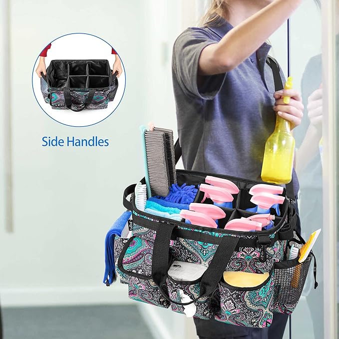 LoDrid Large Wearable Cleaning Caddy Bag with Detachable Divider, Cleaning Supply Tote Organizer with Handles and Adjustable Shoulder Strap for Cleaners & Housekeepers, Totem