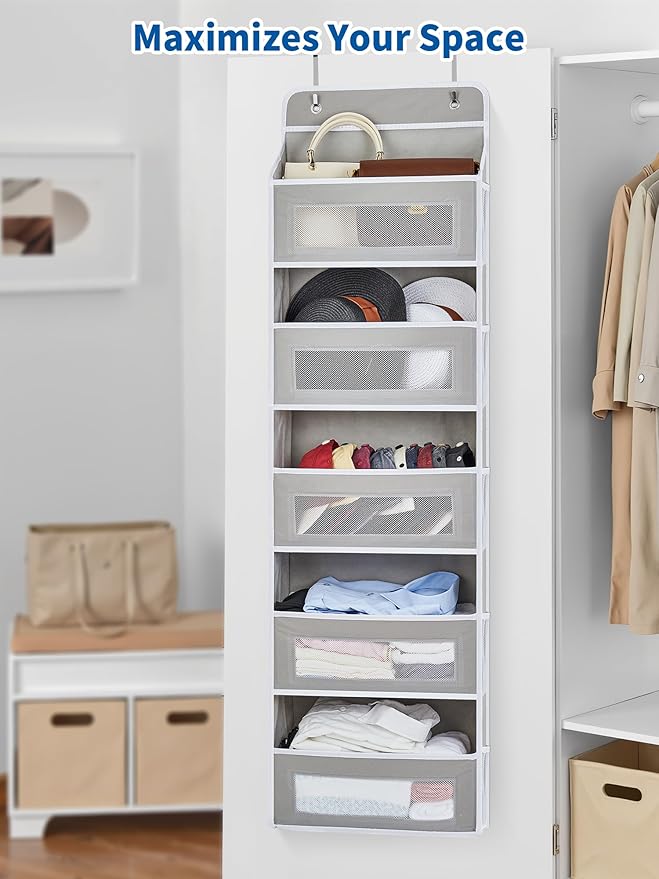 JARLINK Over The Door Organizer, 5 Shelf Door Hanging Organizer with 5 Large Pockets, 44 lbs Weight Capacity Hanging Storage for Bathroom, Bedroom, Nursery, RV, Pantry (Light Grey)